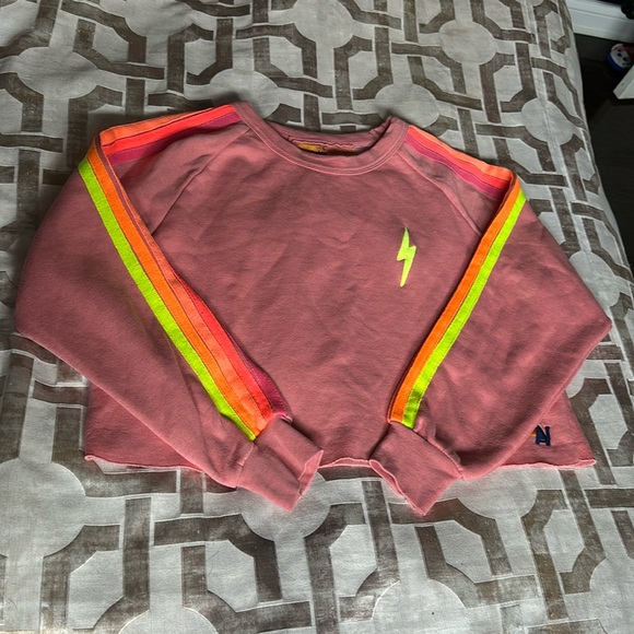 Aviator Nation Pink 5 Stripe Neon Crop Sweatshirt L NWOT Retired Style - Picture 1 of 8